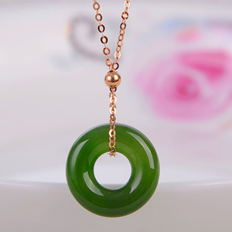 Unisex Round Cyan Jade Healing Necklace 14K Gold Pendant