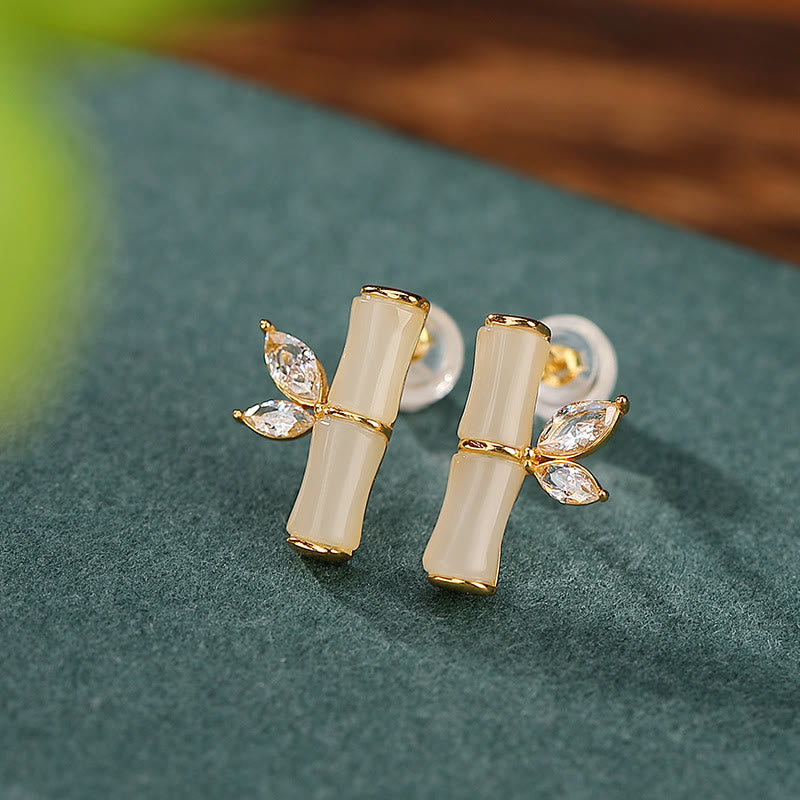 925 Sterling Silver Jade Bamboo Luck Stud Earrings
