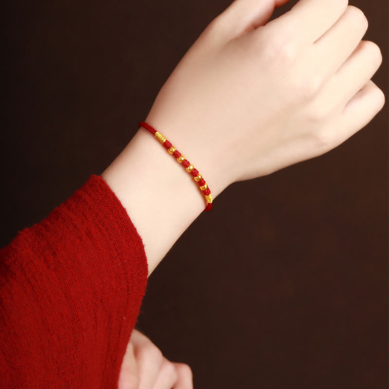 Handmade Red String Bracelet with 999 Gold Beads and King Kong Knot for Protection
