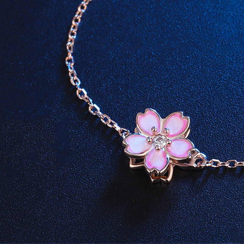 925 Sterling Silver Cherry Blossom Blessing Chain Bracelet with Rotatable Ring
