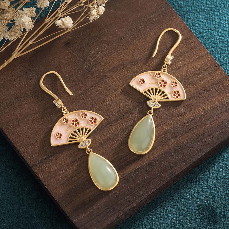 Green Aventurine Luck Drop Earrings | Fan Pattern Design
