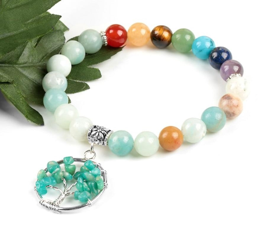 Amazonit-Chakra-Armband mit Lebensbaum-Anhänger