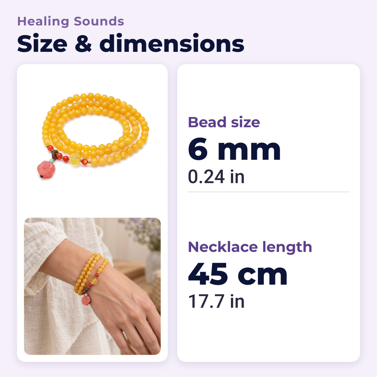 Amber Healing Balance Bracelet & Necklace, size and dimensions in millimetres and inches