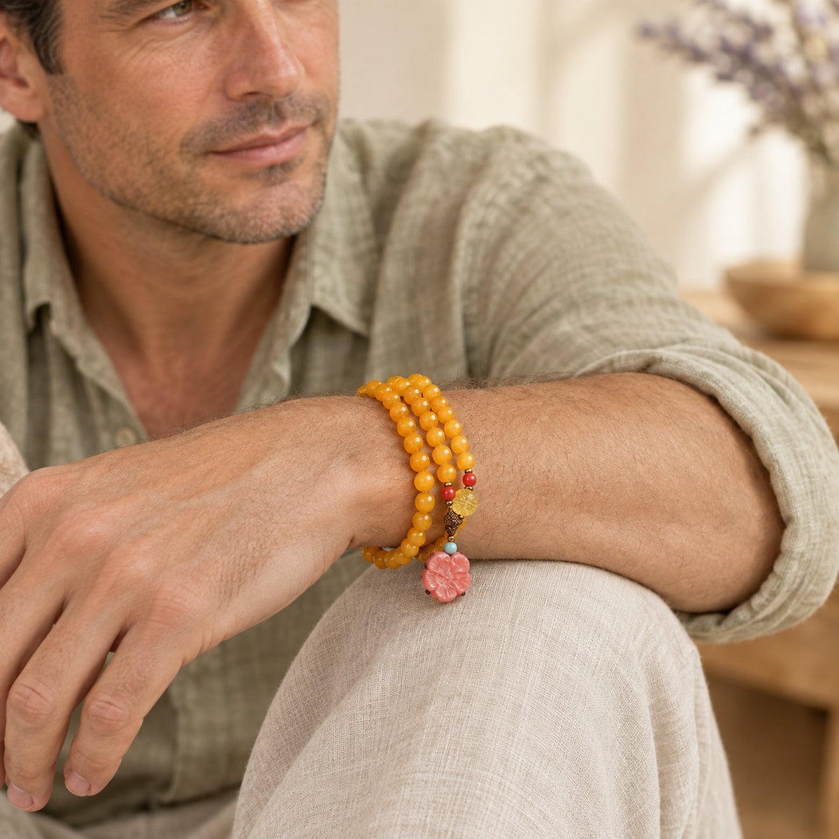 Amber Healing Balance Bracelet & Necklace, worn by a man