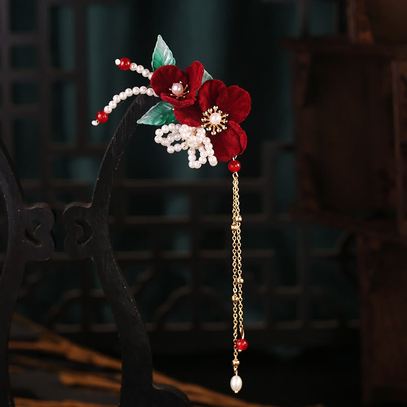 Antikes chinesisches Haarnadel-Set mit roten Blumen und Perlenquasten