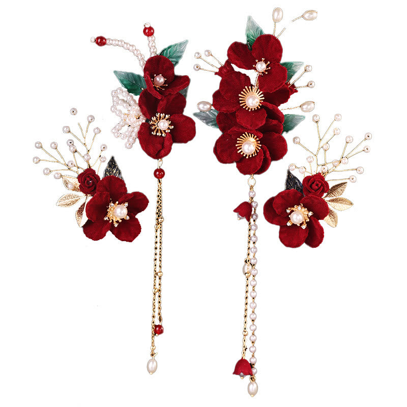 Antikes chinesisches Haarnadel-Set mit roten Blumen und Perlenquasten