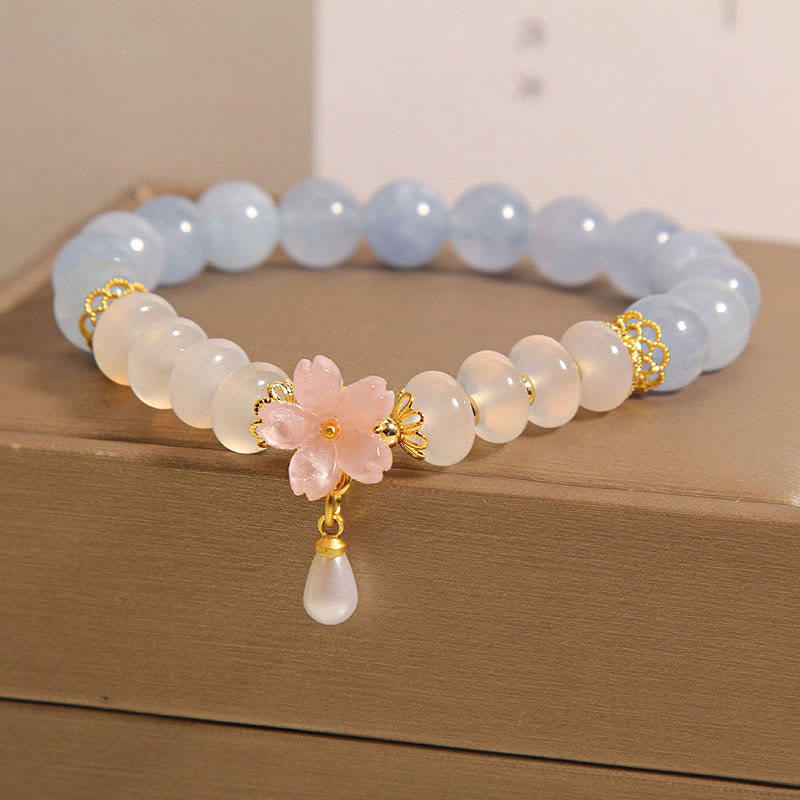 Aquamarin-weißes Achat-Blumenheilungsarmband, 14 cm
