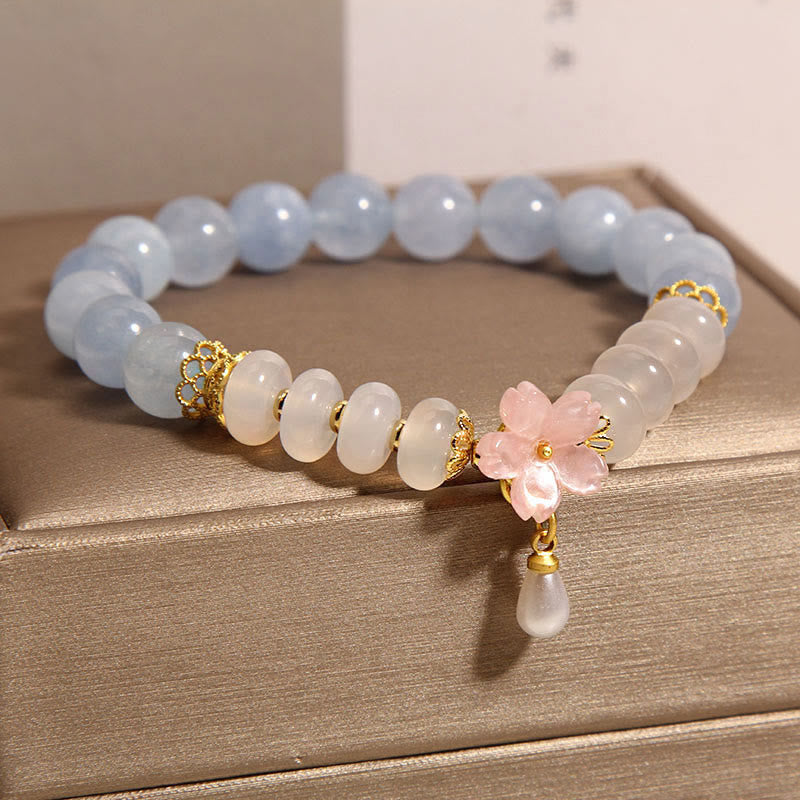 Aquamarin-weißes Achat-Blumenheilungsarmband, 14 cm