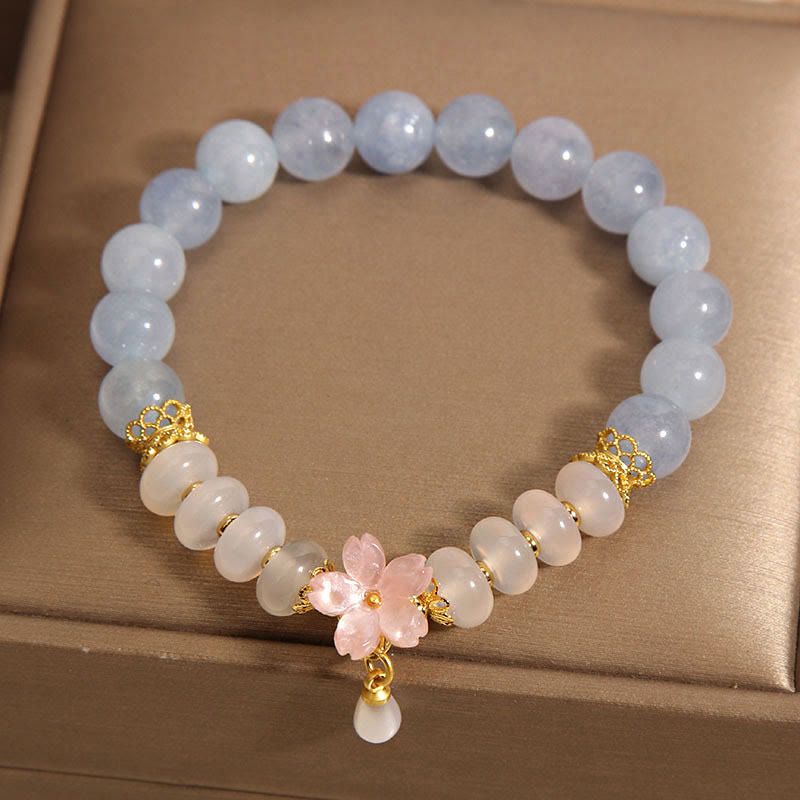 Aquamarin-weißes Achat-Blumenheilungsarmband, 14 cm
