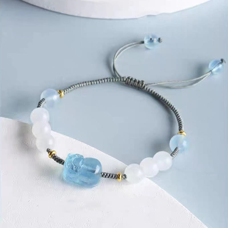 Pixiu-Armband aus Aquamarin und weißer Jade für Reichtum und Gelassenheit