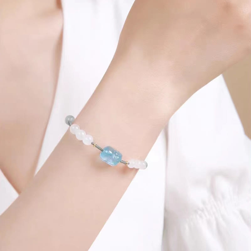Pixiu-Armband aus Aquamarin und weißer Jade für Reichtum und Gelassenheit