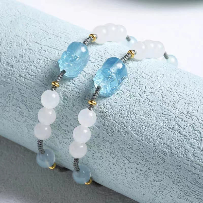 Pixiu-Armband aus Aquamarin und weißer Jade für Reichtum und Gelassenheit