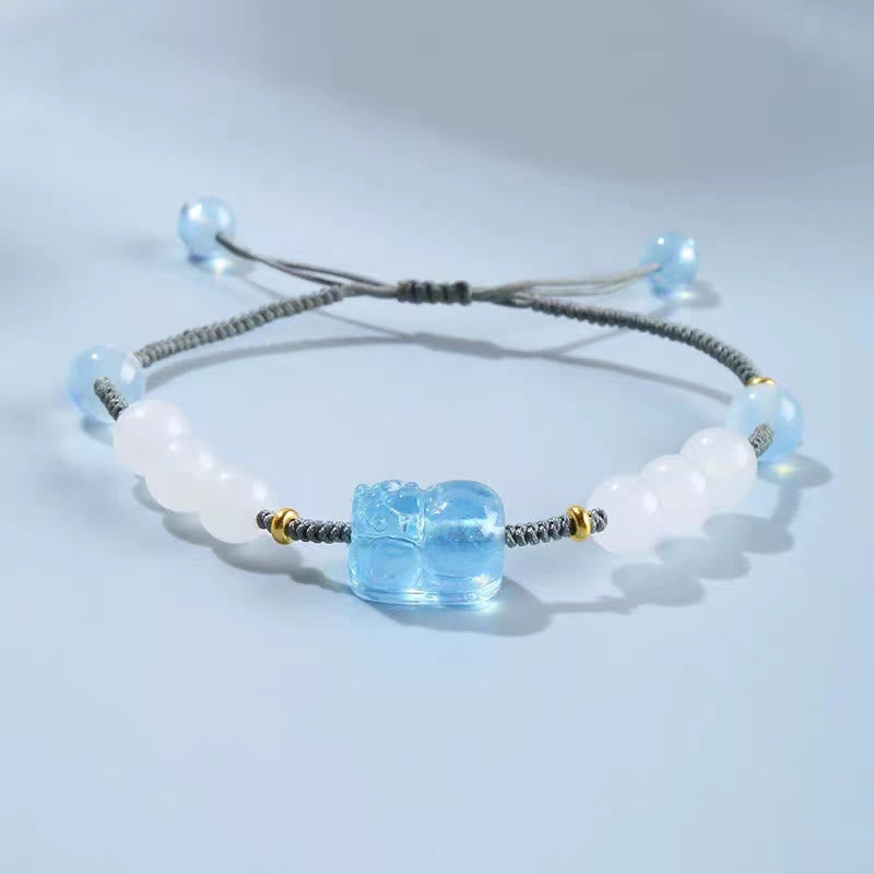 Pixiu-Armband aus Aquamarin und weißer Jade für Reichtum und Gelassenheit