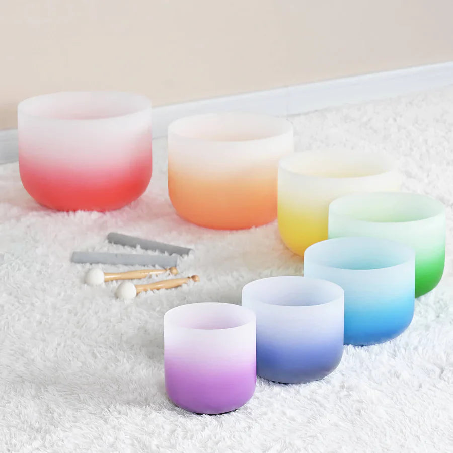 Rainbow frosted glass votives in gradient for Aria Gradient Chakra Crystal Singing Bowl Set