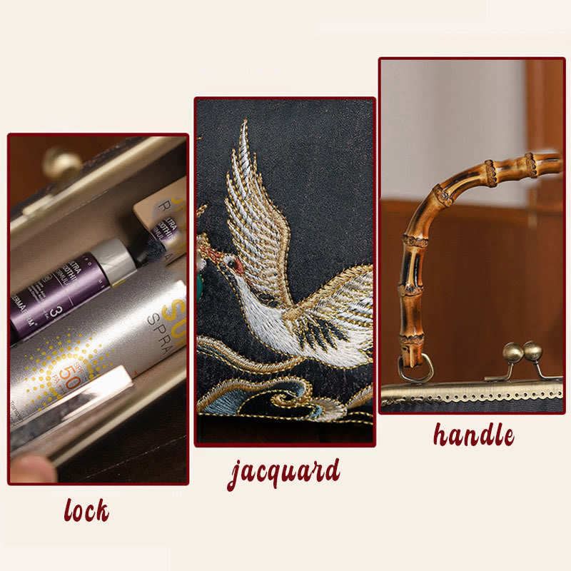 Handtasche mit Bambusgriff und Stickerei mit glückverheißenden Wolken und Kranichen