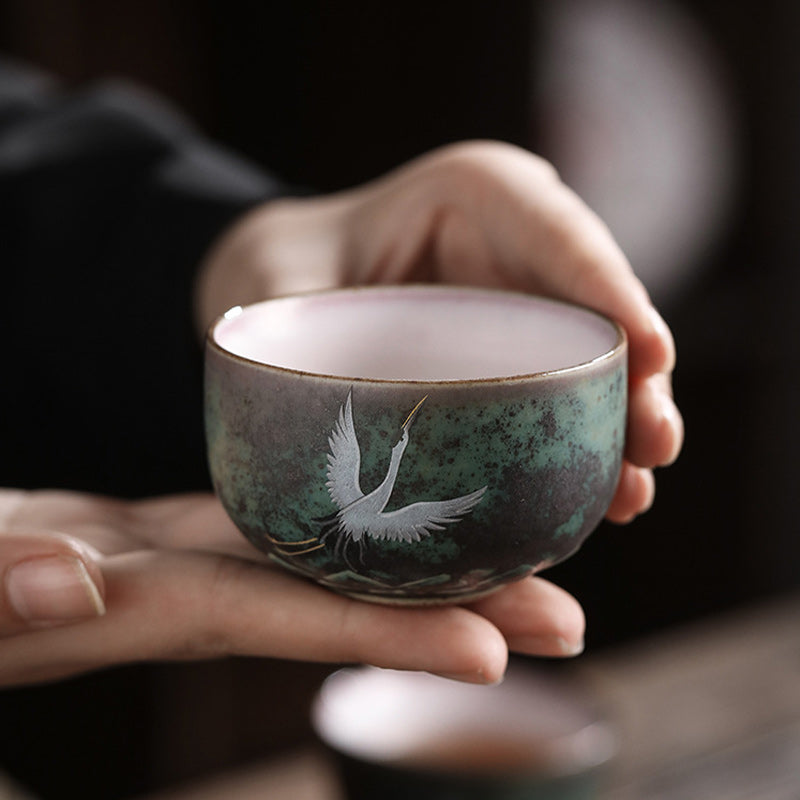 Auspicious Crane Keramik-Teetasse für Meditation &amp; Ritual