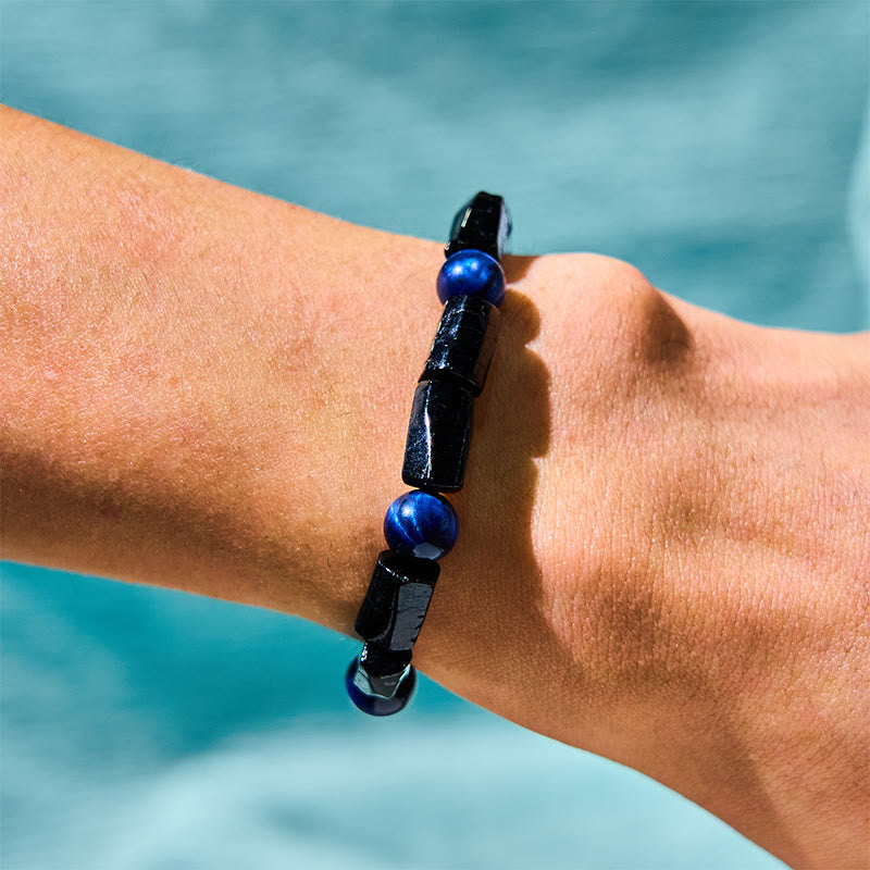 Authentisches Kraftarmband aus blauem Tigerauge und schwarzem Turmalin