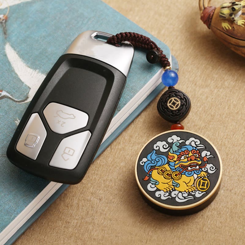 Pixiu Copper Coin Ebony Wood Luck Key Chain