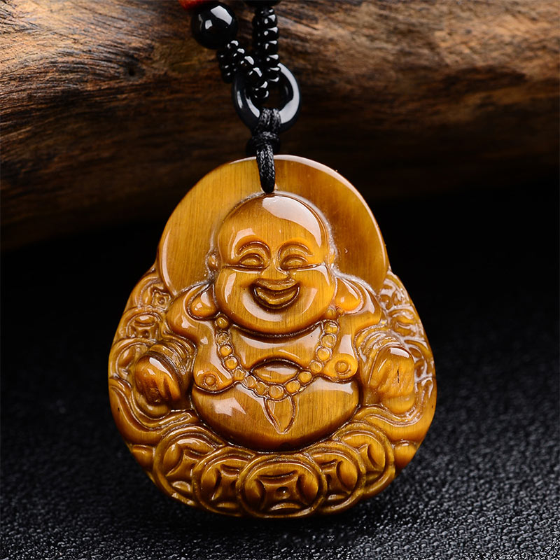 Tiger Eye Laughing Buddha Necklace for Protection & Clarity