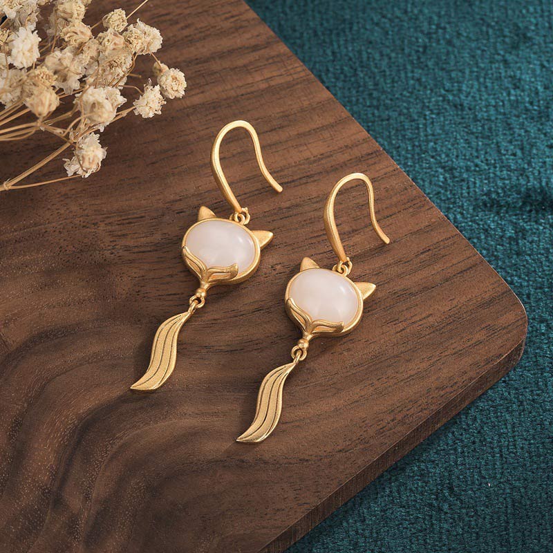 FengShui White Jade Fox Fortune Earrings 45mm Drop