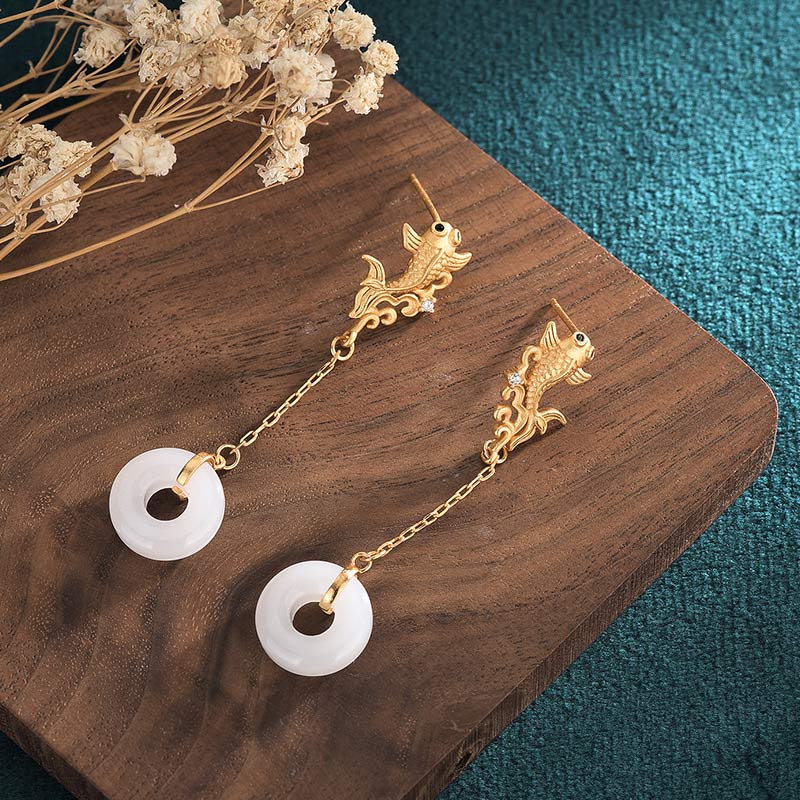 56mm White Jade Lucky Koi Fish Earrings