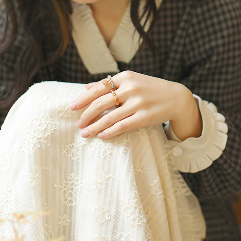 14k Gold Plated Peach Moonstone Fu Lu Shou Ring for Happiness