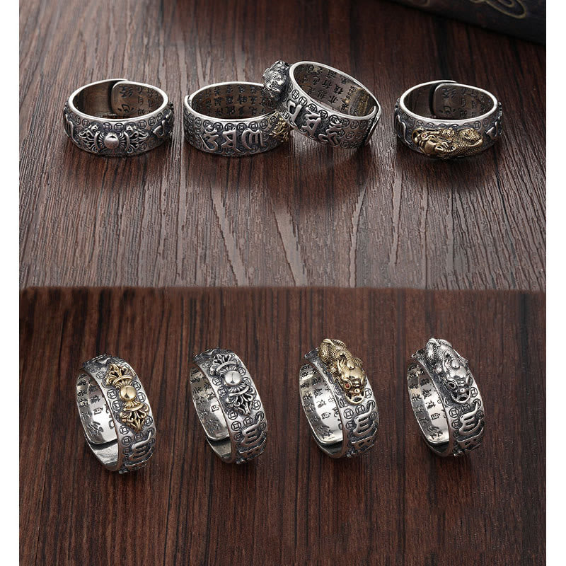 Om Mani Padme Hum Silver PiXiu Wealth Ring 990 Sterling