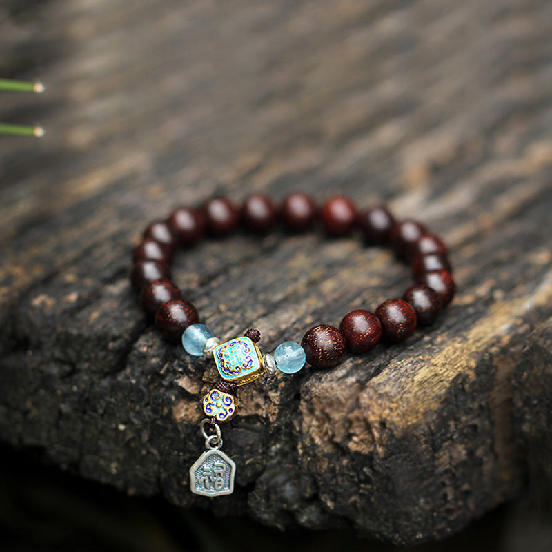 Aquamarine Bracelet with Red Sandalwood & 925 Silver Blessings