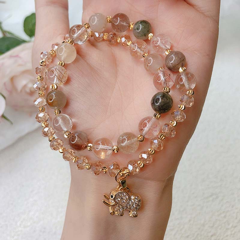 Rose Quartz Elephant Healing Energy Charm Bracelet