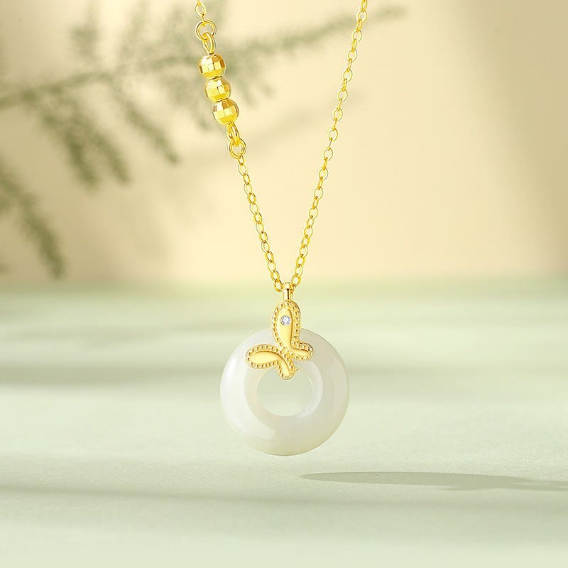 Jade-Halskette aus 925er Sterlingsilber mit Ginkgoblatt- und Schmetterlings-Harmonie-Anhänger