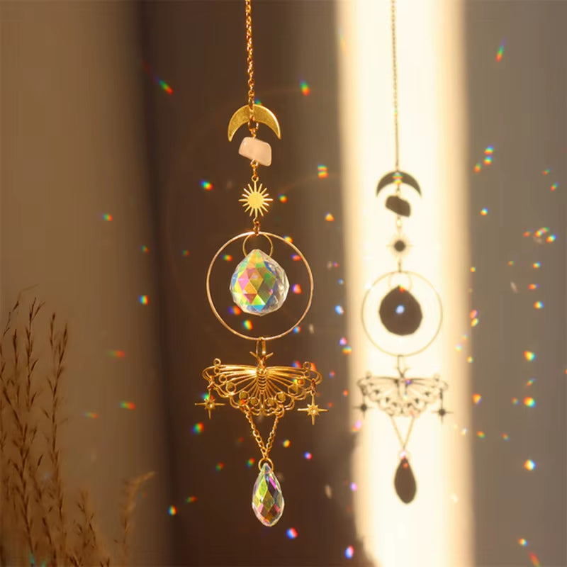 Crystals Sun Catcher Hanging Tree Wind Chime Rainbow Prism Moon Catcher Outdoor Window Curtains Pendant Art Garden Decoration