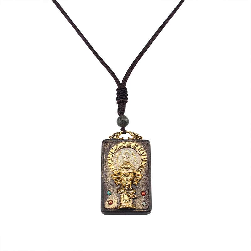 Ebony Wood Elephant Necklace with God of Fortune Pendant