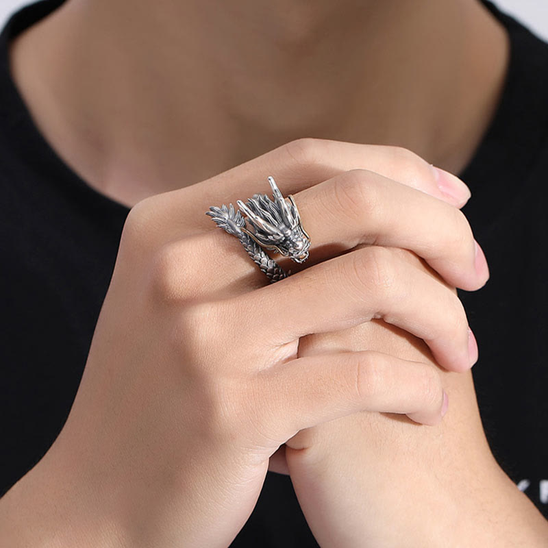 925 Sterling Silver Adjustable Dragon Ring for Protection & Strength