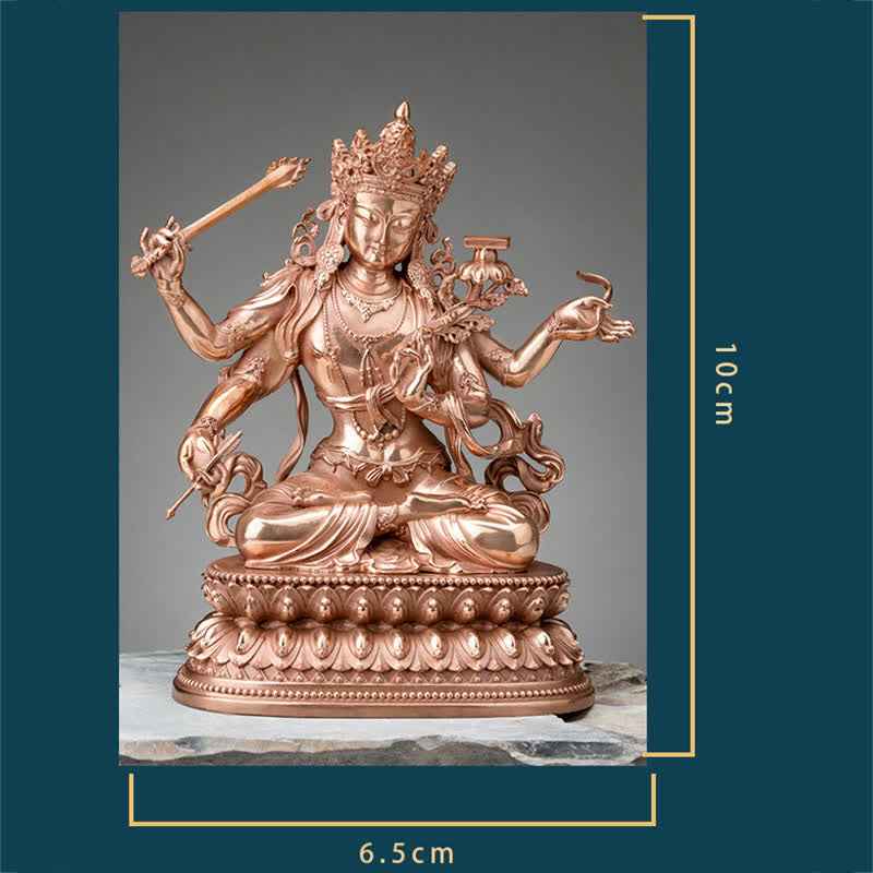 Four-Armed Manjusri Copper Buddha Statue 10cm Meditation