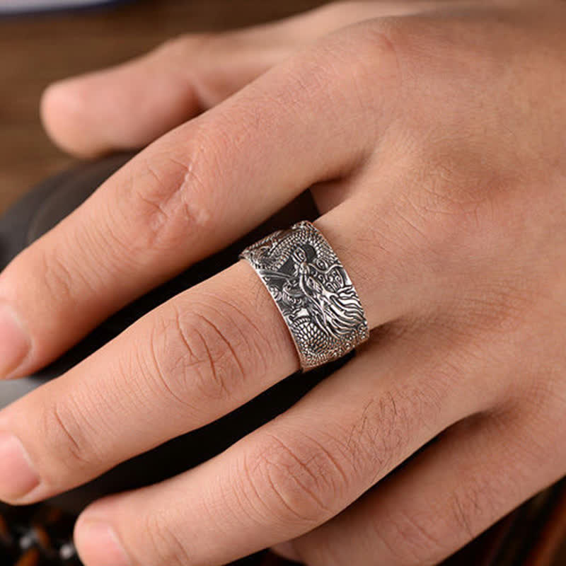 Adjustable 999 Sterling Silver Dragon Protection Success Ring