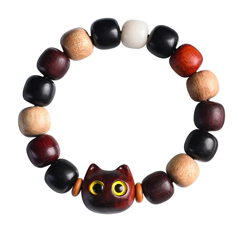 Ebony Wood Protection Bracelet with Small Leaf Red Sandalwood Cat Charm