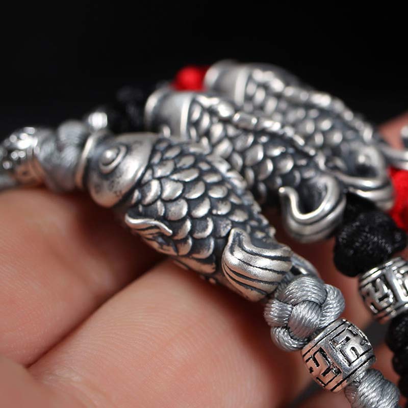 Sterling Silver Koi Fish Bracelet with Red Braided String