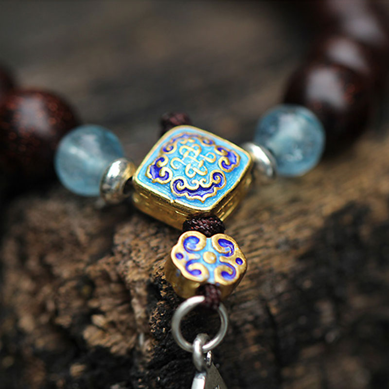 Aquamarine Bracelet with Red Sandalwood & 925 Silver Blessings