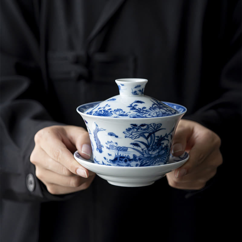 Lion Dance Ceramic Gaiwan Tea Cup 300ml with Lid & Saucer