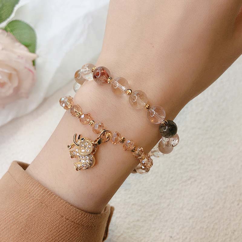 Rose Quartz Elephant Healing Energy Charm Bracelet