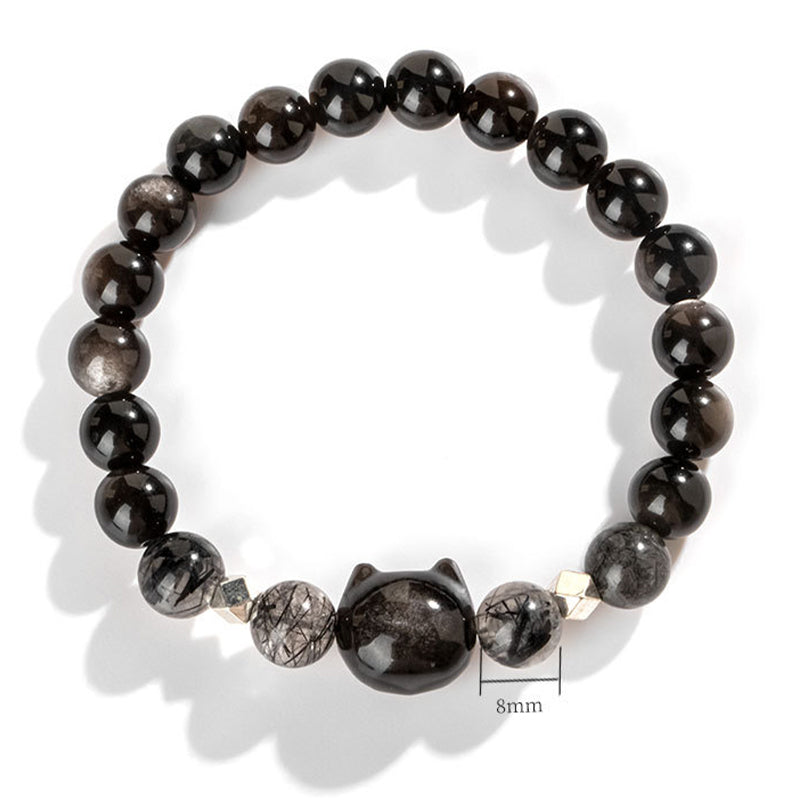 8mm Silver Sheen Obsidian Cat Head Protection Bracelet