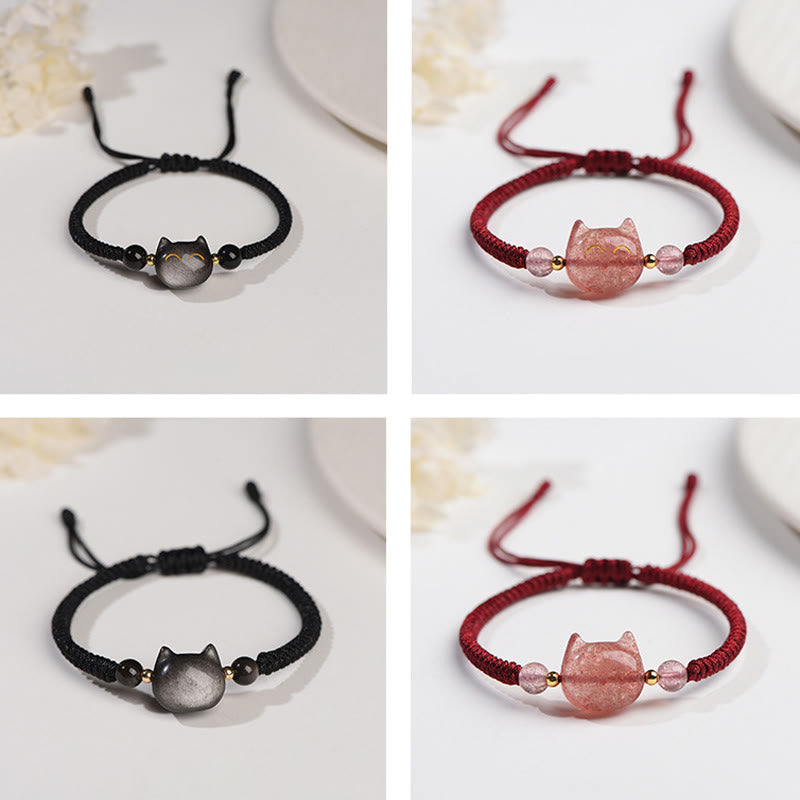 Unisex Silver Sheen Obsidian Strawberry Quartz Protection Bracelet