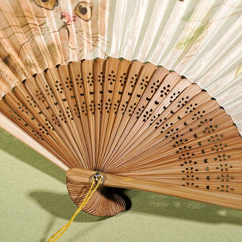 Silk Bamboo Folding Fan 21cm with Cat Butterfly Flowers Pattern