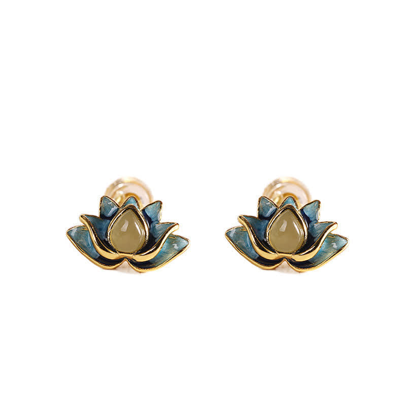 Sterling Silver Hetian Cyan Jade Lotus Flower Success Earrings