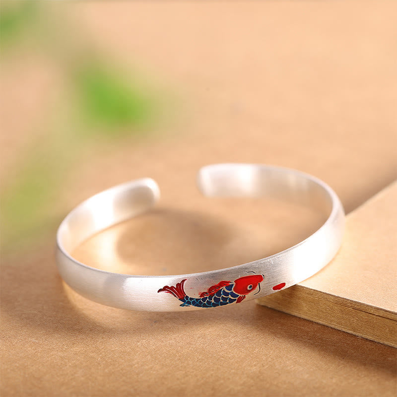 999 Sterling Silver Koi Fish Luck Cuff Bracelet - Adjustable