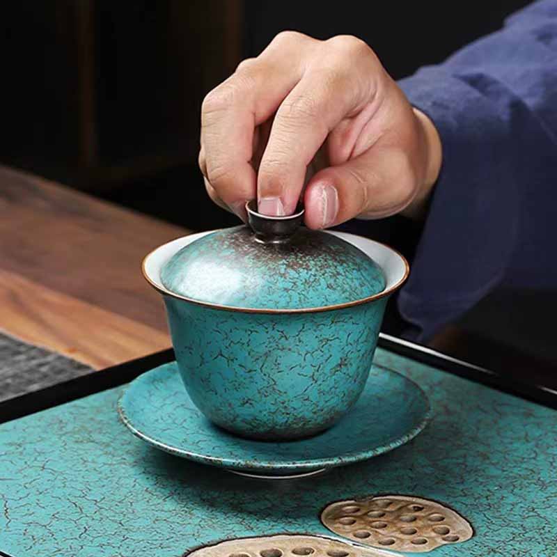Traditional Pine Tree Green Ceramic Gaiwan Teacup | 150ml | Zen Decor