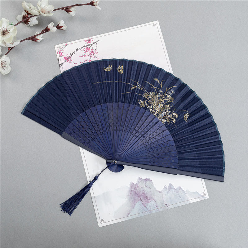 Silk Bamboo Chinese Folding Fan 22.5cm with Crane Dragonfly Motifs