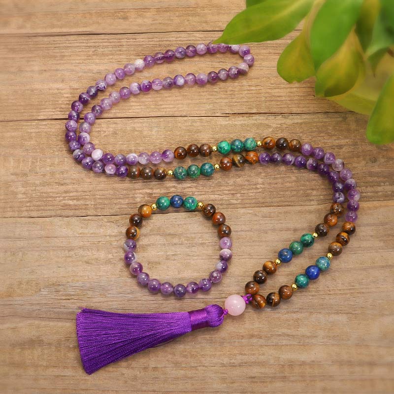 Tibetan Amethyst Purify Bracelet Set with Tiger Eye & Lazurite