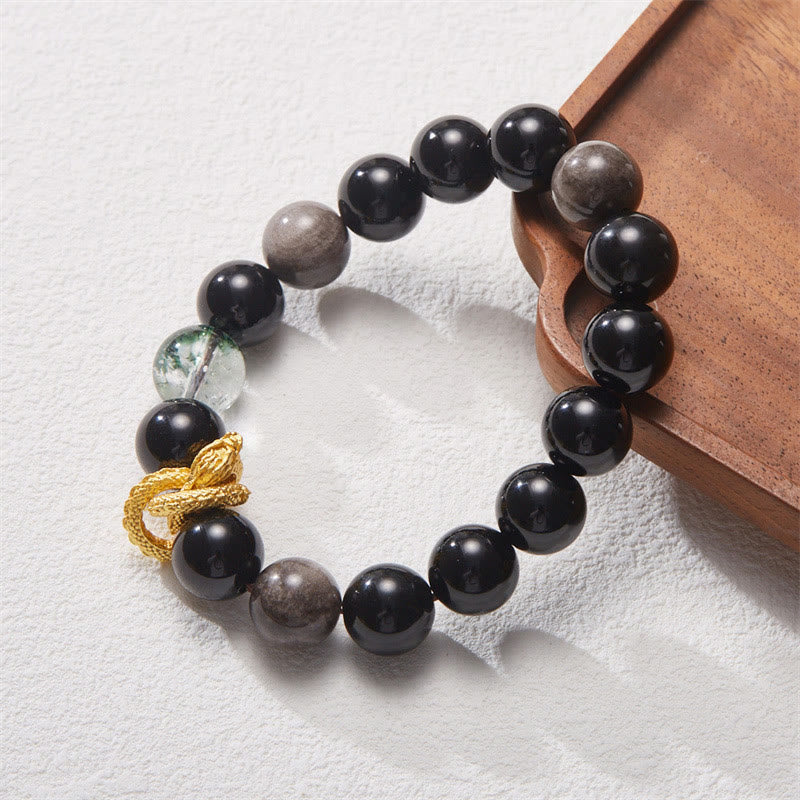 Silver Sheen Obsidian Dragon Protection Bracelet 12mm