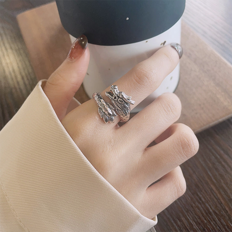 925 Sterling Silver Dragon Strength Ring | Adjustable Luck Band